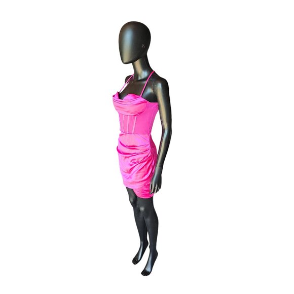 Hot Pink Satin Illusion Panel Bodycon Mini Dress - Lovesome - Picture 4 of 6